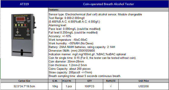 Bar Tempat Umum Koin Dioperasikan Breathalyzer Alkohol Tester Dengan Alarm